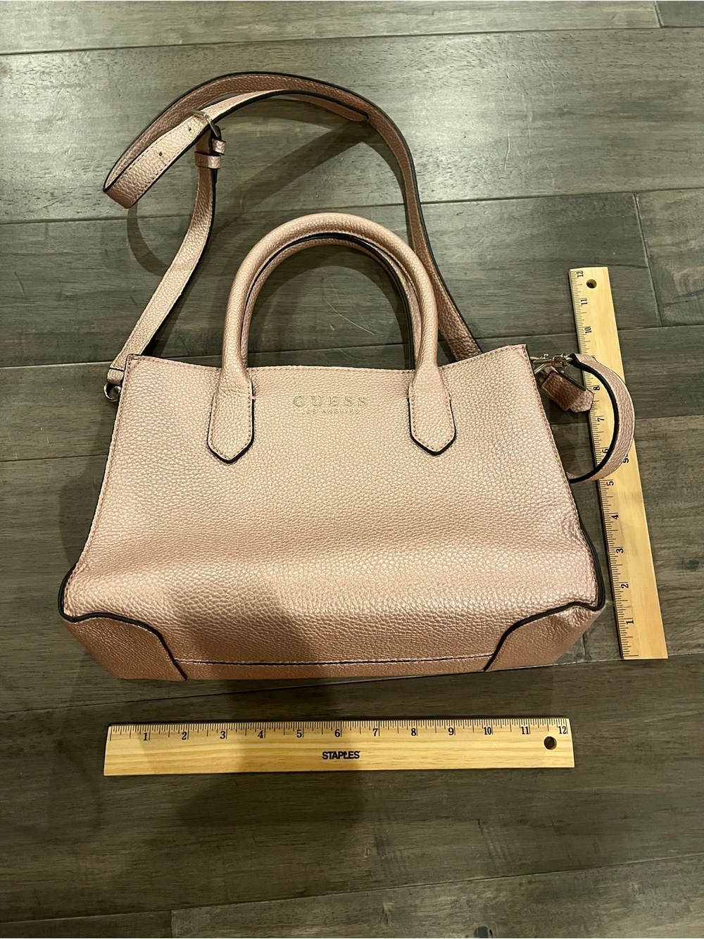 GUESS Rose Gold Pebbled Leather Satchel with Strap
